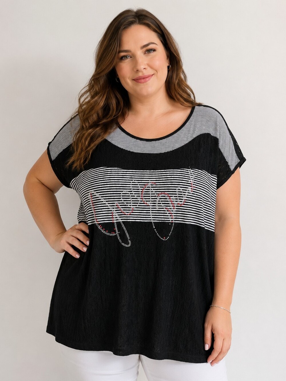 Claire France Black Lace & Striped Tunic Top with Rhinestones Whimsigoth Size 2X